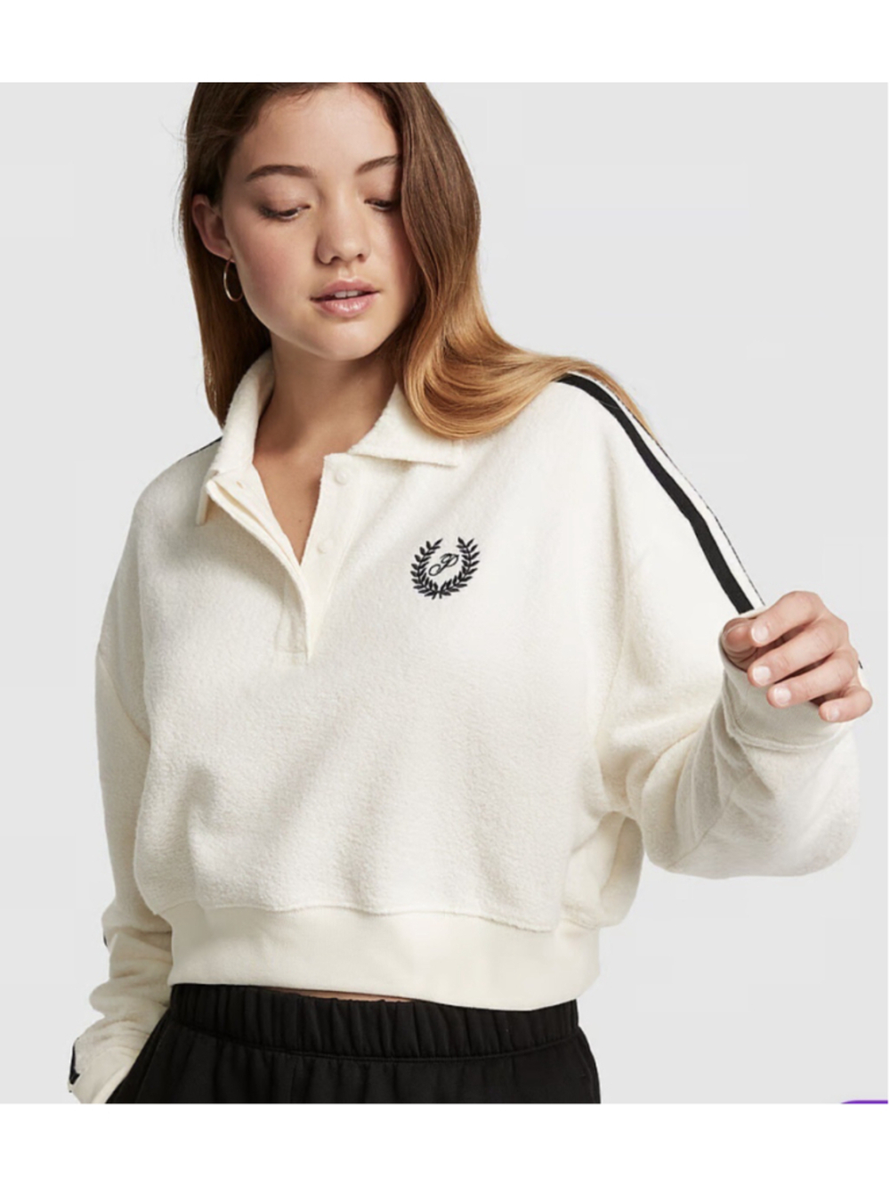 Victoria's Secret PINK Reverse Fleece Cropped Polo Sweatshirt White